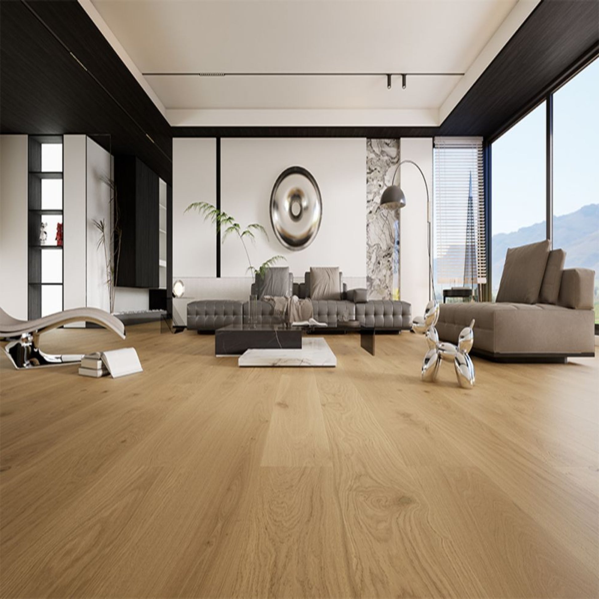 Luxury living room featuring Stella 807 super-wide smoked espresso oak engineered hardwood floor.