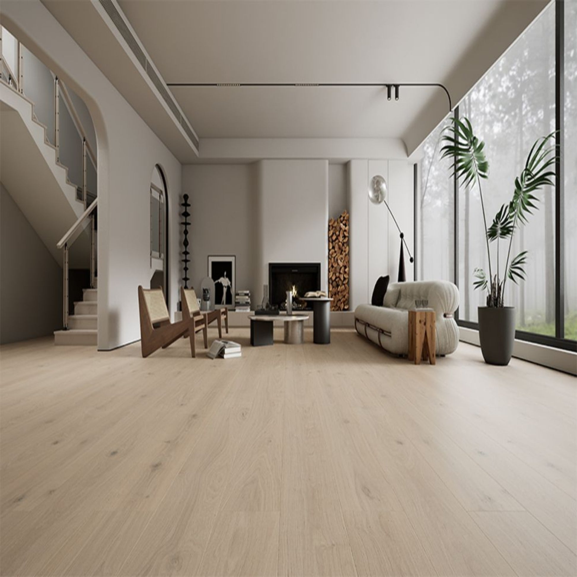 Luxury living room featuring Stella 803 super-wide toasted almond oak engineered hardwood floor.