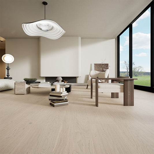 Luxury living room featuring Stella 805 super-wide vintage barley oak engineered hardwood floor.
