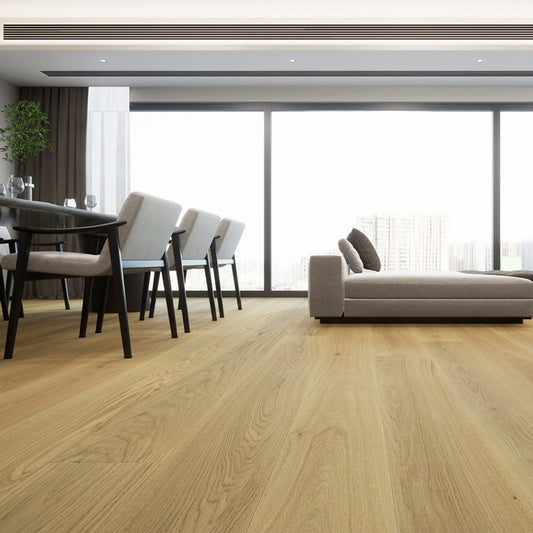 Luxury living room featuring Stella 816 super-wide washed distressed greige oak engineered hardwood floor.