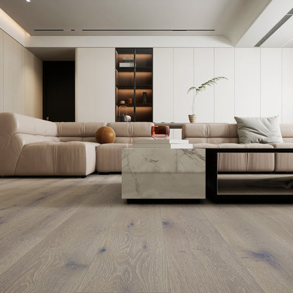 Modern living room featuring Vandyck Lusso 216 ash grey European oak engineered hardwood floor.