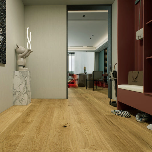 Modern living room featuring Lusso 207 classic European oak engineered hardwood floor.