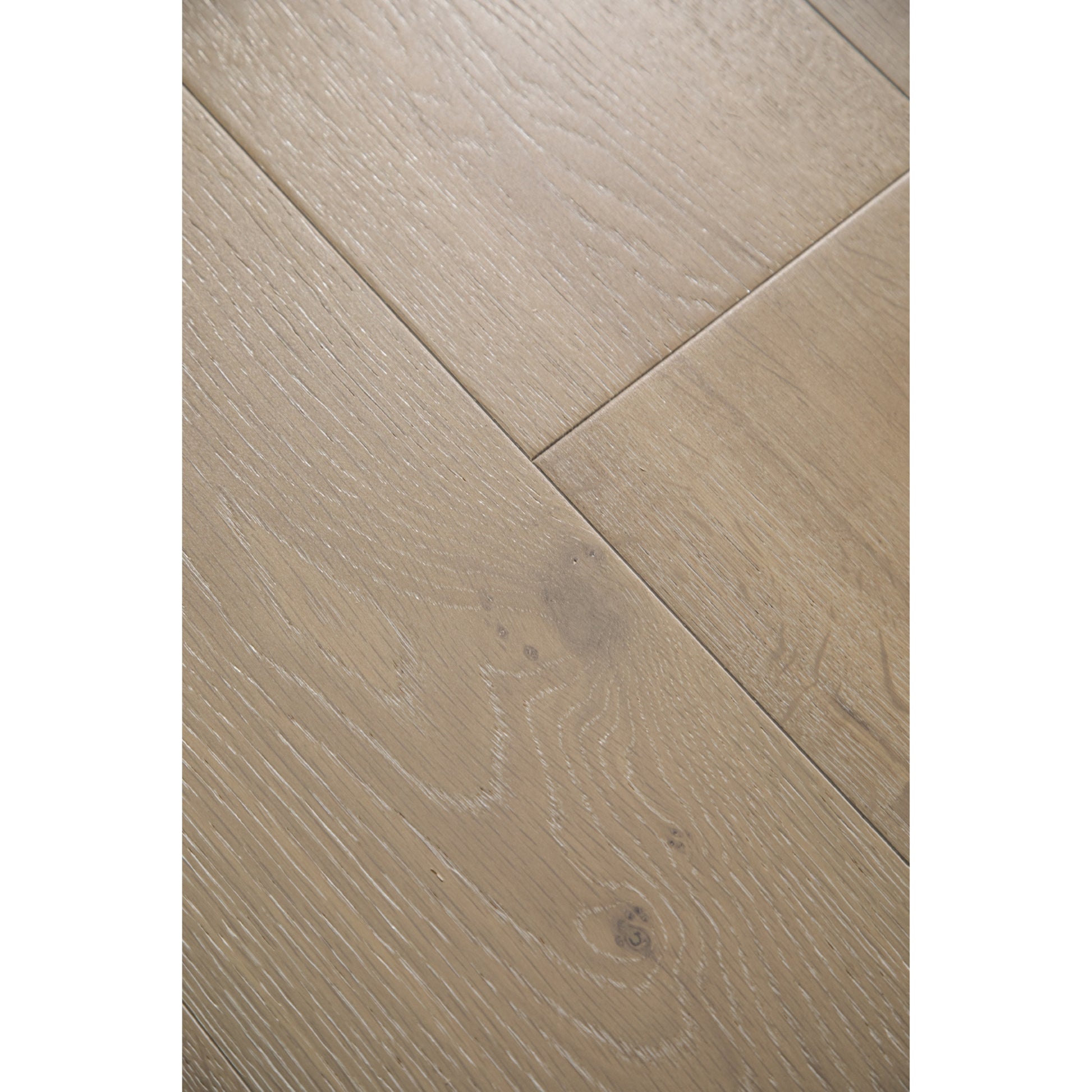 Close-up texture of wire-brushed finish on Vandyck Lusso 216 ash grey European oak plank.