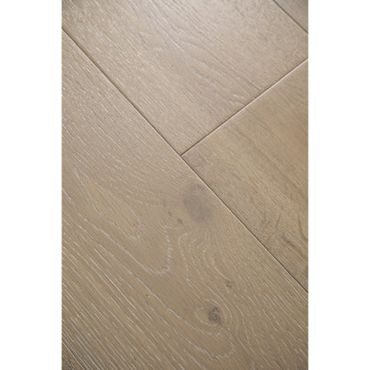 Close-up texture of wire-brushed finish on Vandyck Lusso 216 ash grey European oak plank.