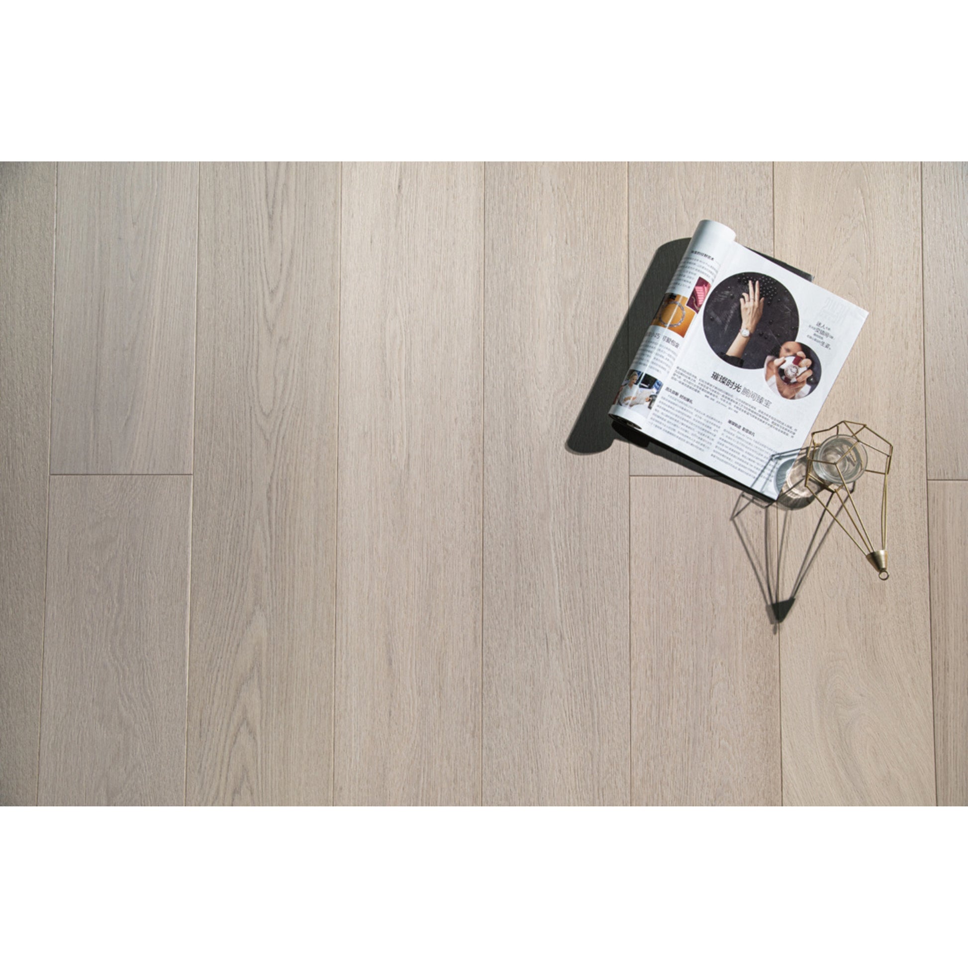 Modern living room featuring Vandyck Lusso 220 European white oak engineered hardwood floor.
