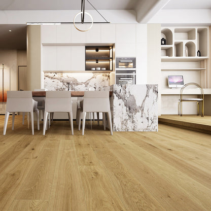 Modern living room featuring Vandyck Lusso 231 truffle brown European oak engineered hardwood floor.