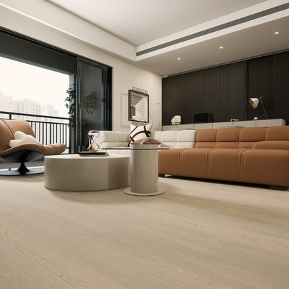 Close-up texture of wire-brushed finish on Vandyck Lusso 219 weathered European oak plank.