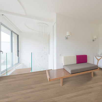 Close-up texture of wire-brushed finish on Vandyck Progettista 110 warm grey European oak plank.
