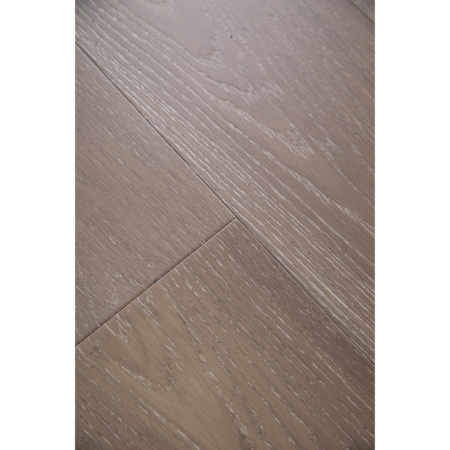 Close-up texture of wire-brushed finish on Vandyck Progettista 112 smoked European oak plank.