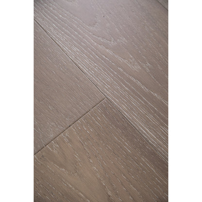Close-up texture of wire-brushed finish on Vandyck Progettista 112 smoked European oak plank.