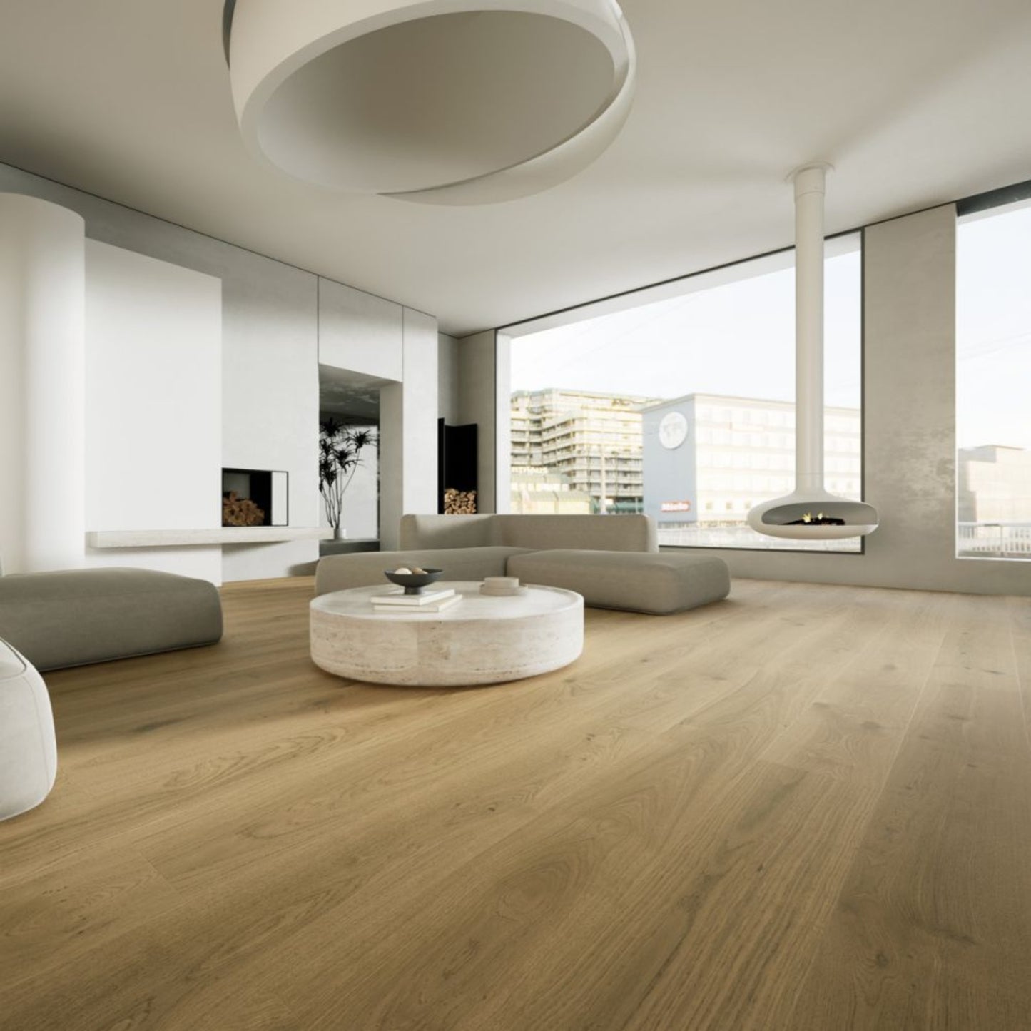 Modern living room featuring Vandyck Progettista 107 light brown European oak engineered hardwood floor.