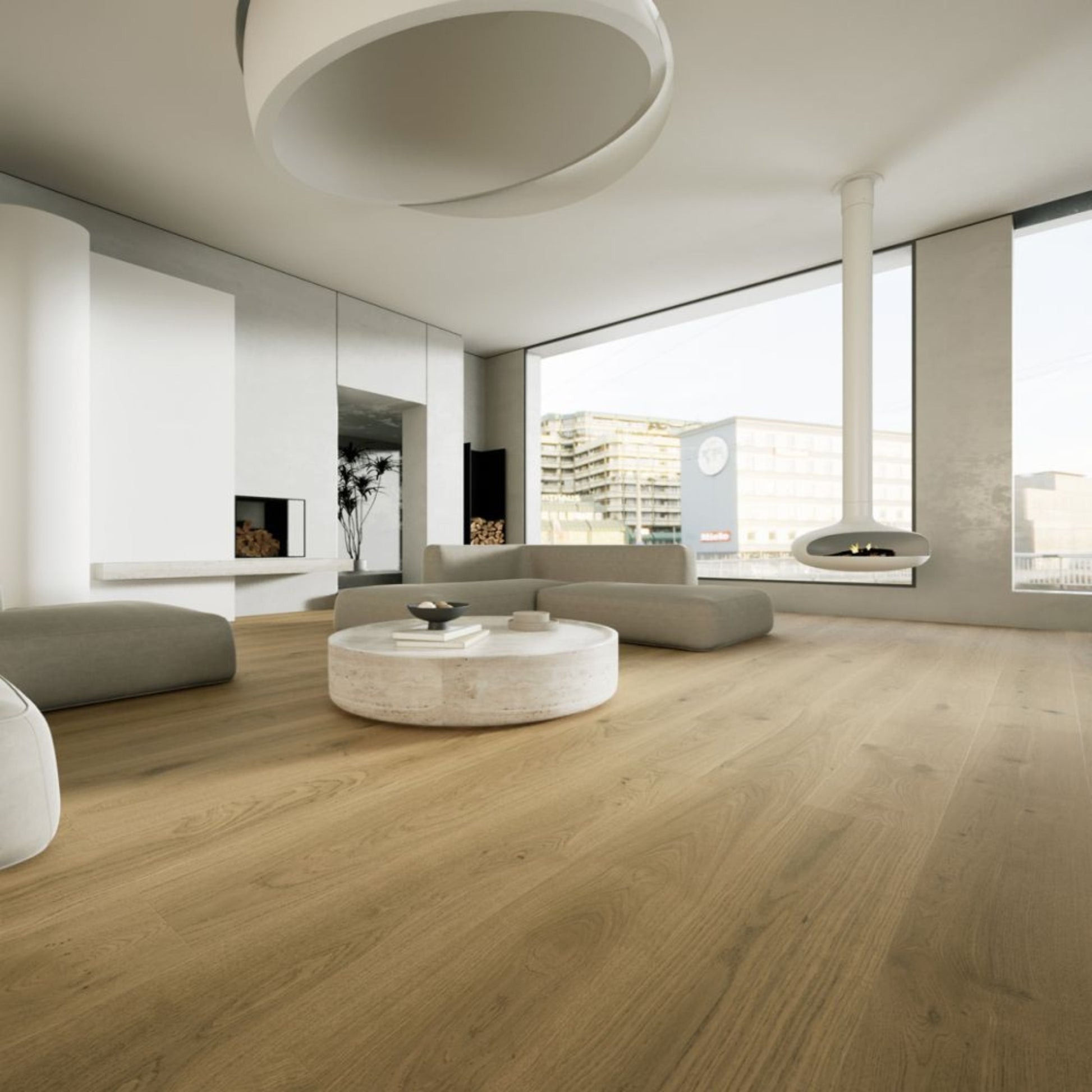 Modern living room featuring Vandyck Progettista 107 light brown European oak engineered hardwood floor.