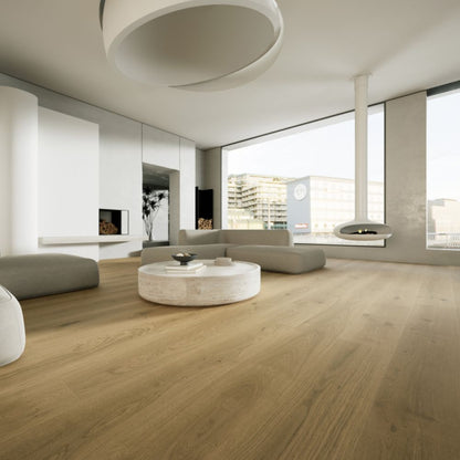 Modern living room featuring Vandyck Progettista 107 light brown European oak engineered hardwood floor.