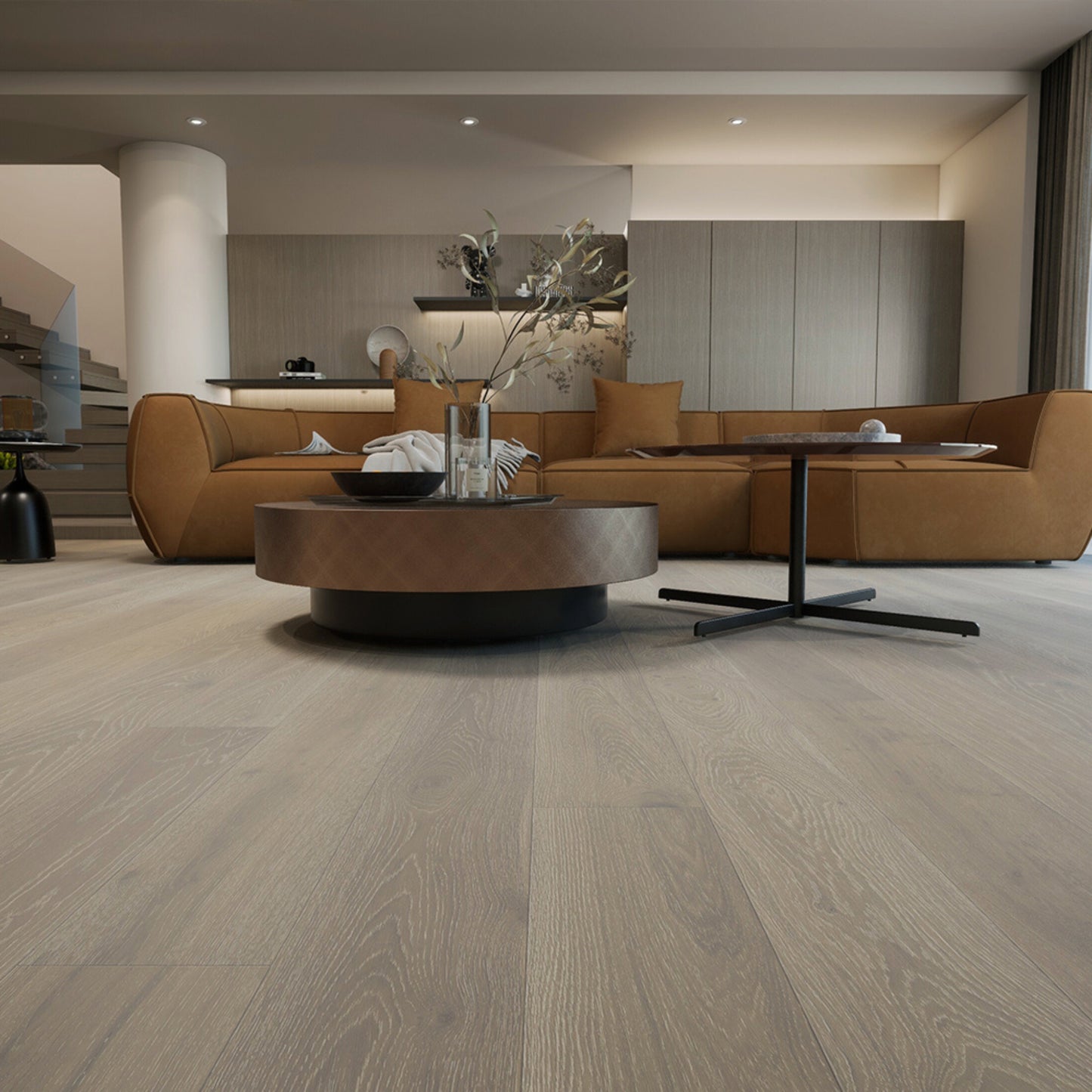 Modern living room featuring Vandyck Progettista 109 natural European oak engineered hardwood floor.