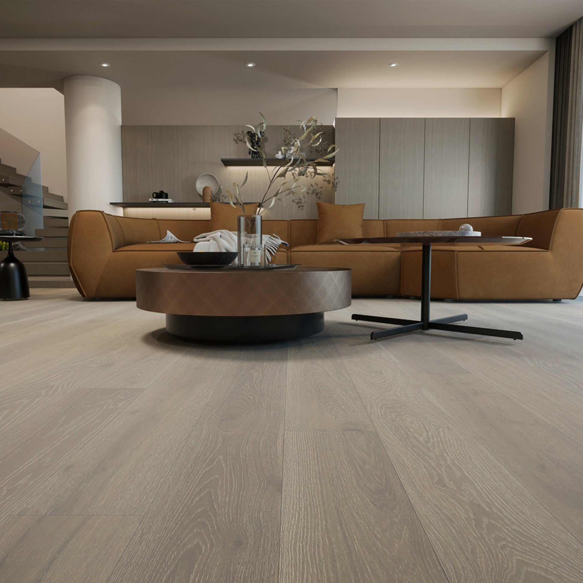 Modern living room featuring Vandyck Progettista 109 natural European oak engineered hardwood floor.