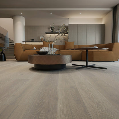 Modern living room featuring Vandyck Progettista 109 natural European oak engineered hardwood floor.