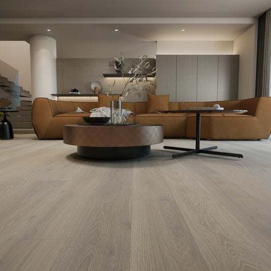 Modern living room featuring Vandyck Progettista 109 natural European oak engineered hardwood floor.