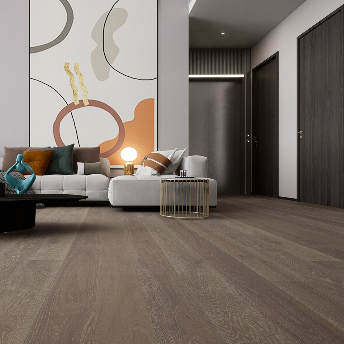 Modern living room featuring Vandyck Progettista 112 smoked oak European engineered hardwood floor.
