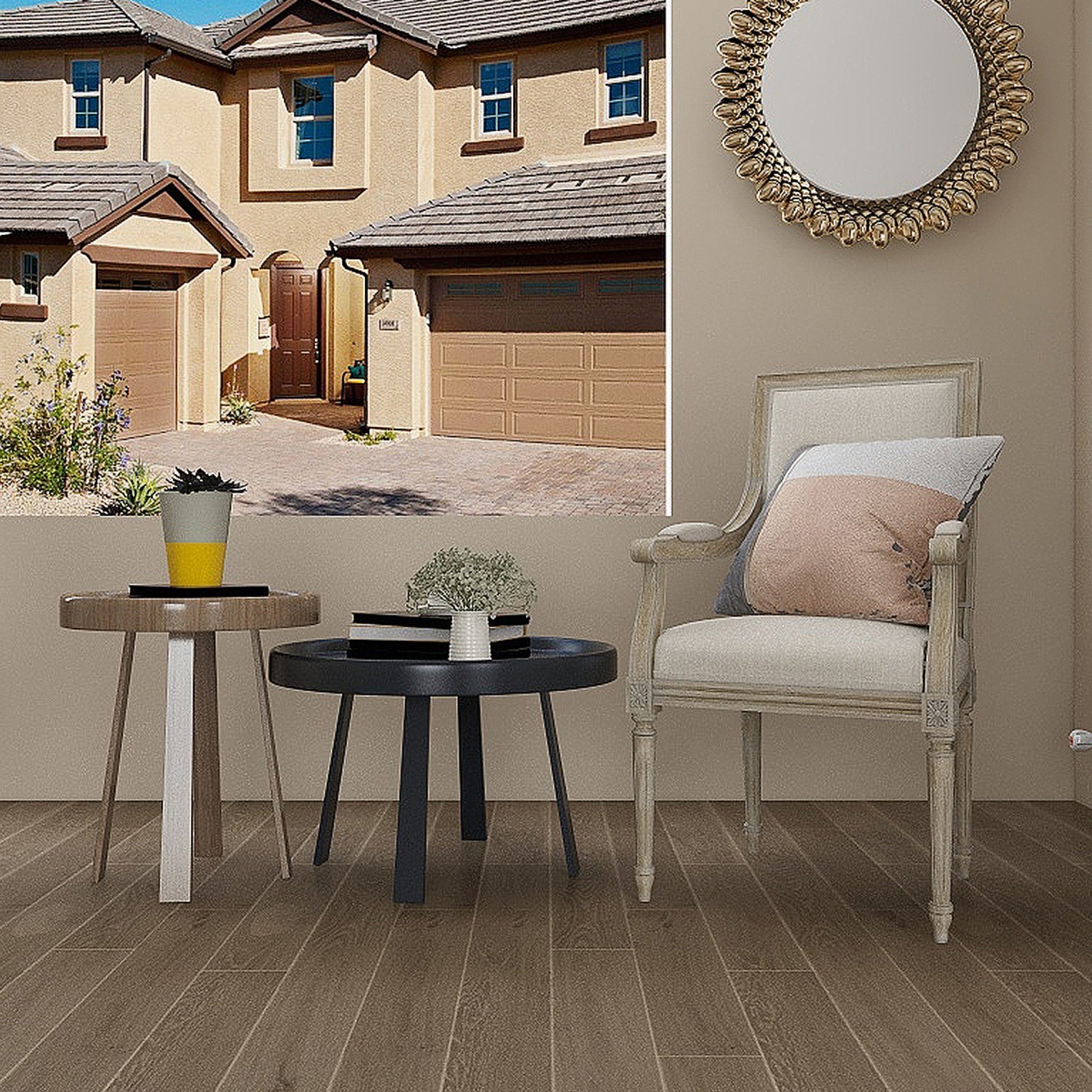 Modern living room featuring Vandyck Progettista 110 warm grey European oak engineered hardwood floor.