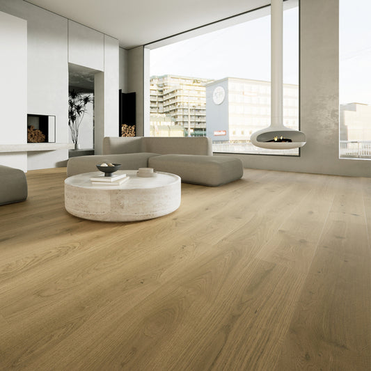 Luxury living room featuring Vandyck Villa 304 extra-wide antique brown oak engineered hardwood floor.