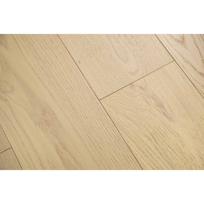 Close-up texture of brushed finish and UV lacquer on Vandyck Villa 304 antique brown oak plank.