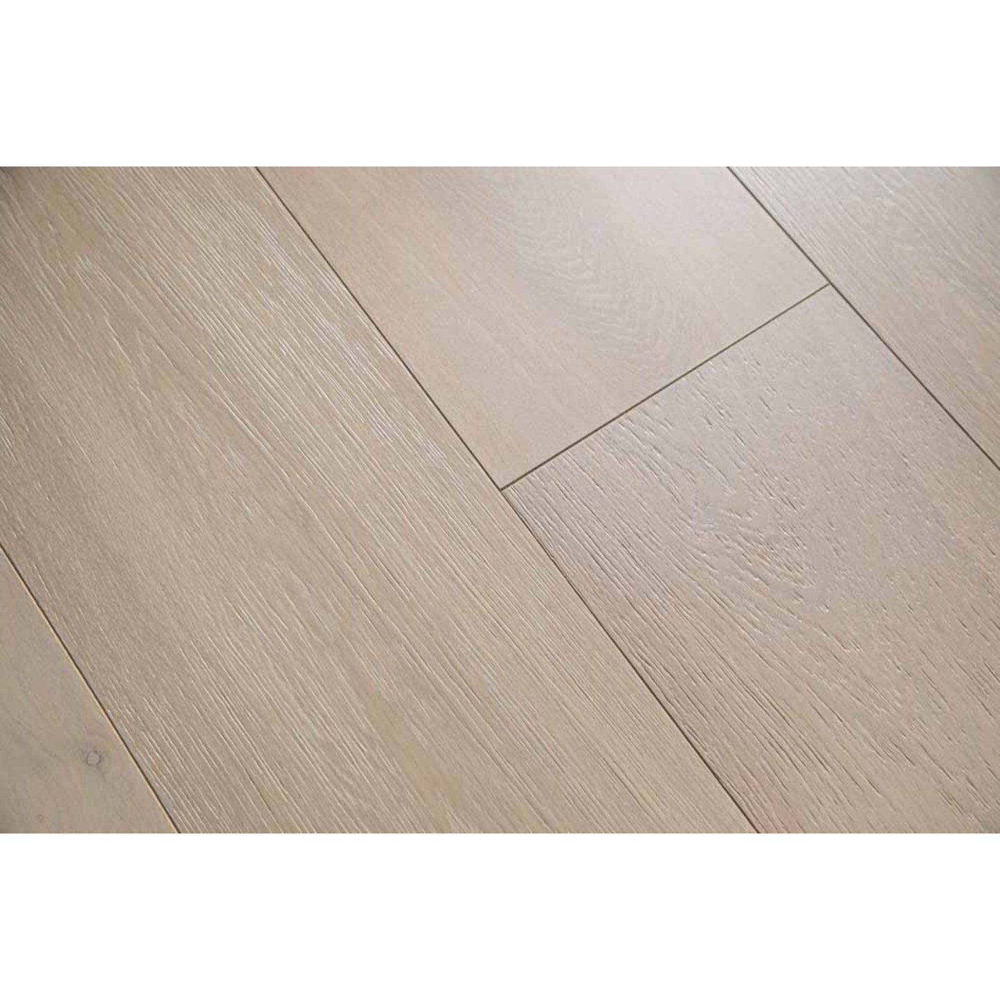 Close-up texture of brushed finish and natural knots on Vandyck Villa 306 pewter grey oak plank.