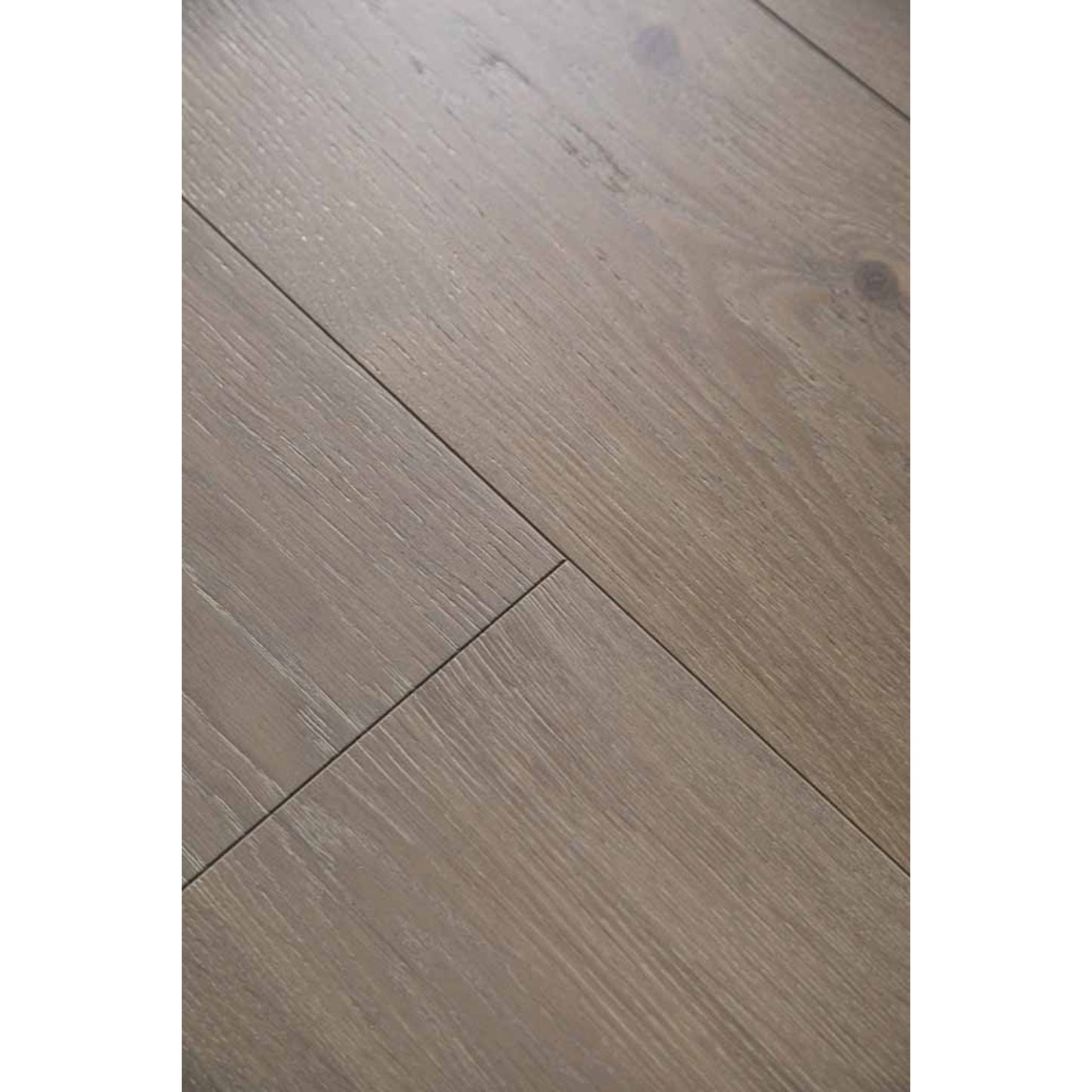 Close-up texture of brushed finish and natural knots on Vandyck Villa 307 golden oak plank.