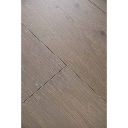Close-up texture of brushed finish and natural knots on Vandyck Villa 307 golden oak plank.