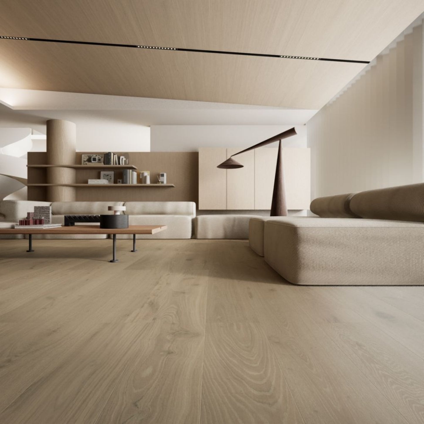 Luxury living room featuring Vandyck Villa 306 extra-wide pewter grey oak engineered hardwood floor.