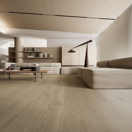 Luxury living room featuring Vandyck Villa 306 extra-wide pewter grey oak engineered hardwood floor.