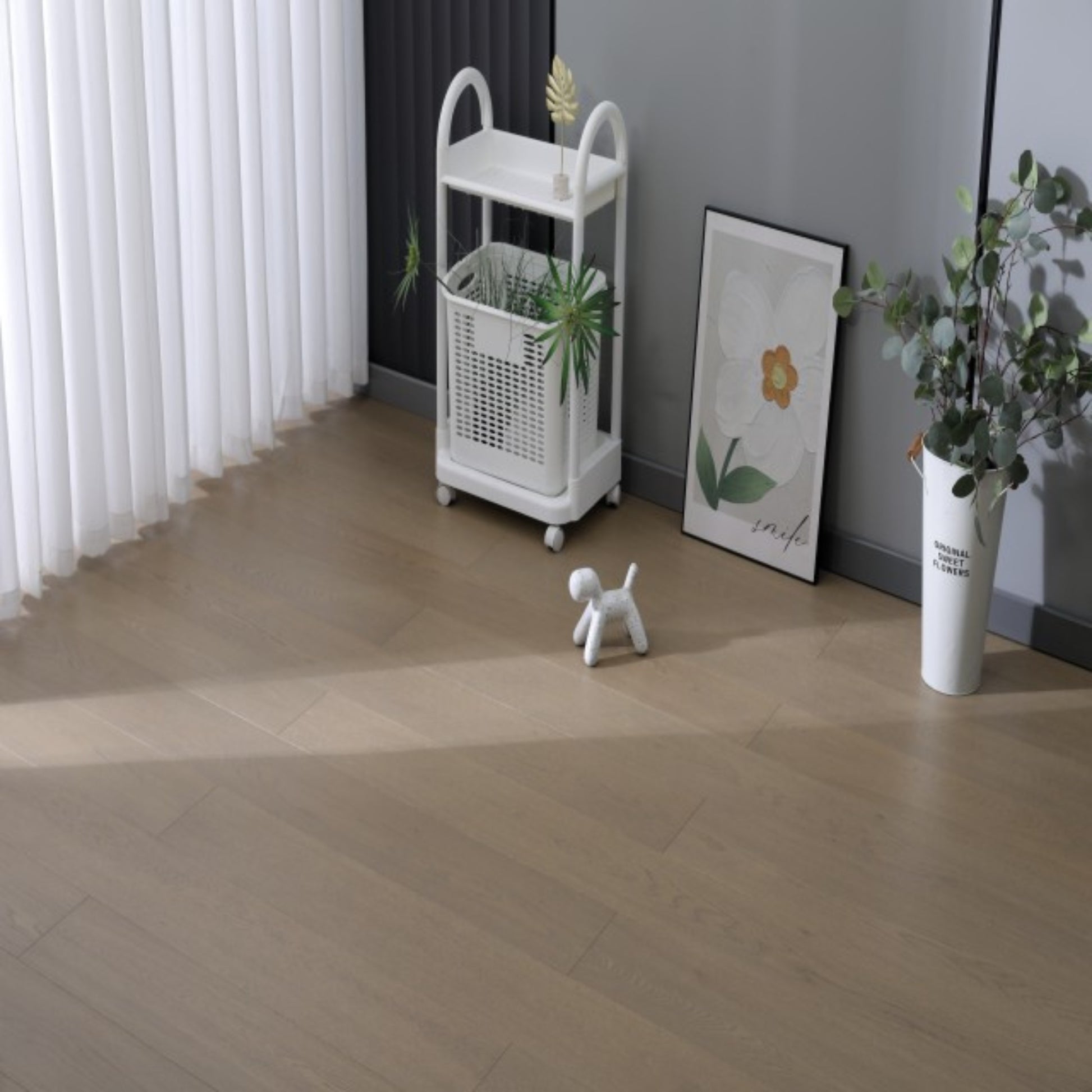 Modern living room featuring Vita 608 ash blonde European oak engineered hardwood floor.