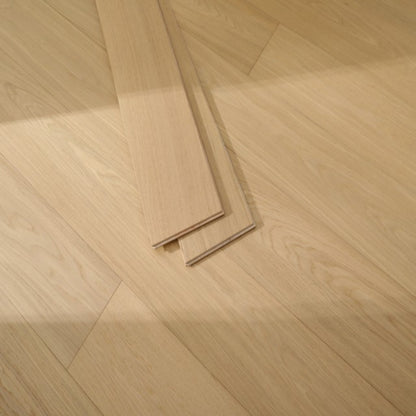 Close-up texture of brushed finish and UV lacquer on Vita 604 misted oak plank.
