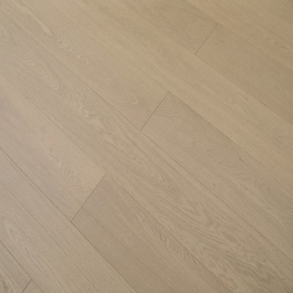 Vita 607 wire-brushed chestnut brown European oak engineered wood flooring planks showing select grade.
