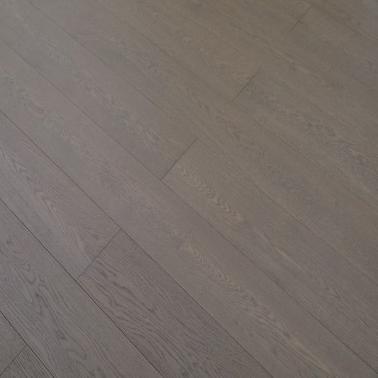 Vita 606 wire-brushed smoked taupe European oak engineered wood flooring planks showing select grade.
