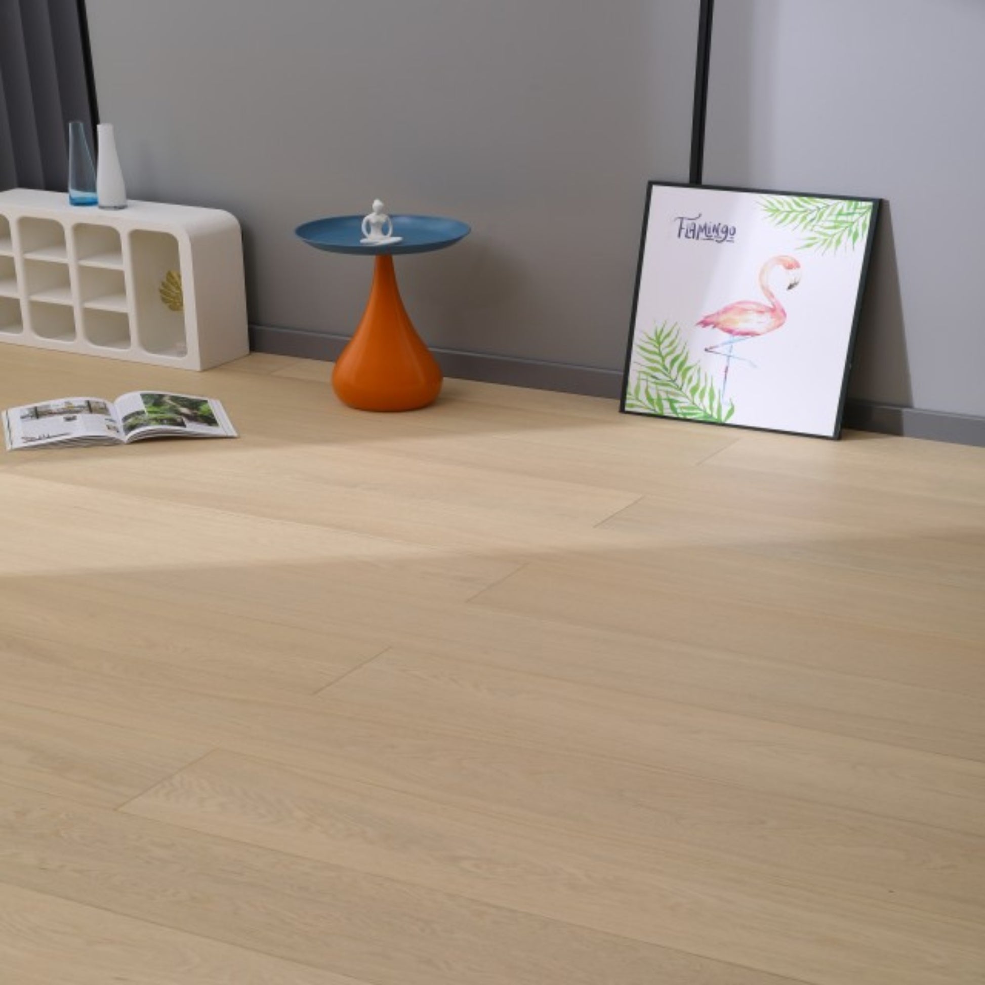 Modern living room featuring Vita 603 natural sand European oak engineered hardwood floor.