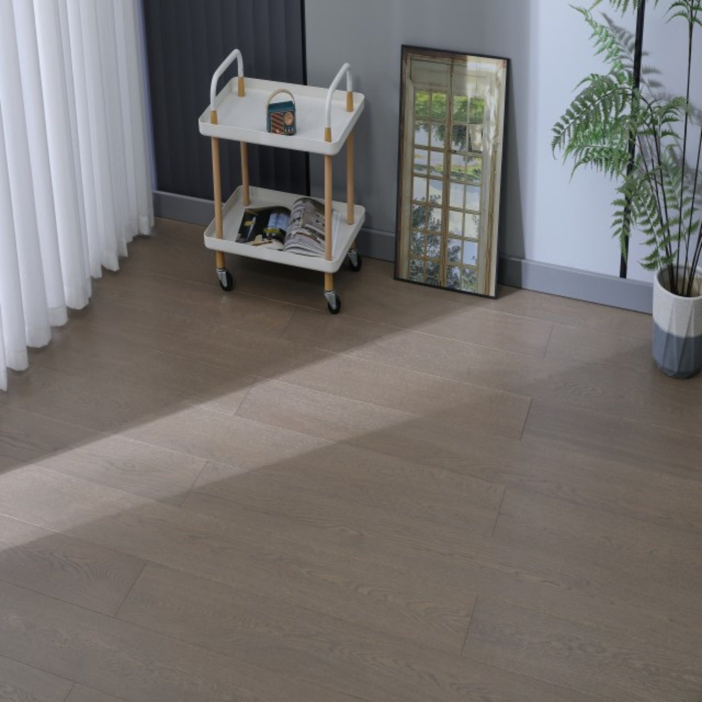Modern living room featuring Vita 606 smoked taupe European oak engineered hardwood floor.